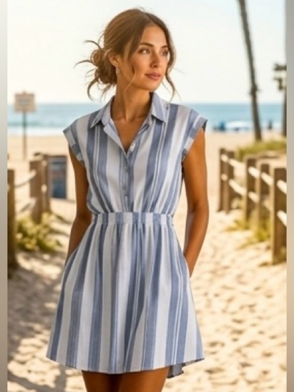 Japna Navy & White Striped Button-Front Dress